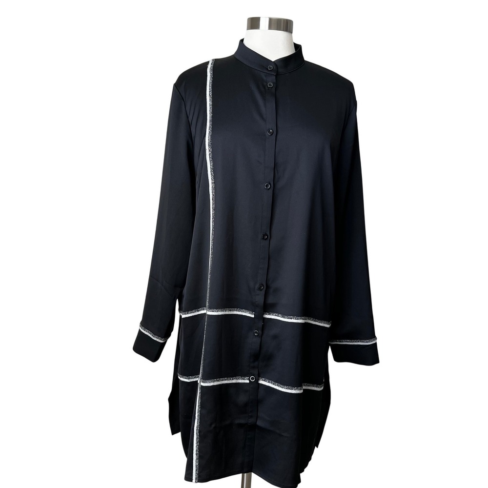 Misook Black Button Down Tunic Mandarin Collar Silver Metallic Trim XL K5081G - Picture 4 of 11